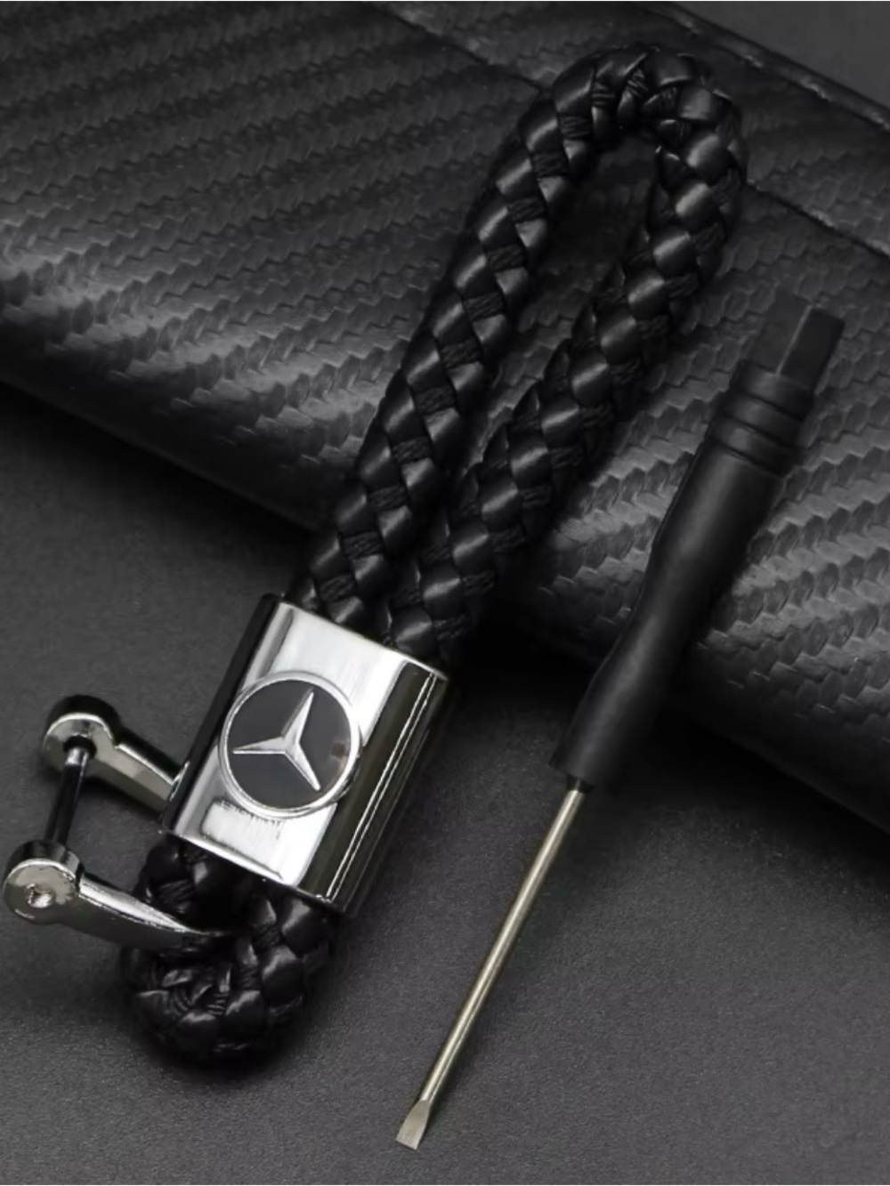 Mercedes-Benz Braided Leather Keychain - Black & Silver